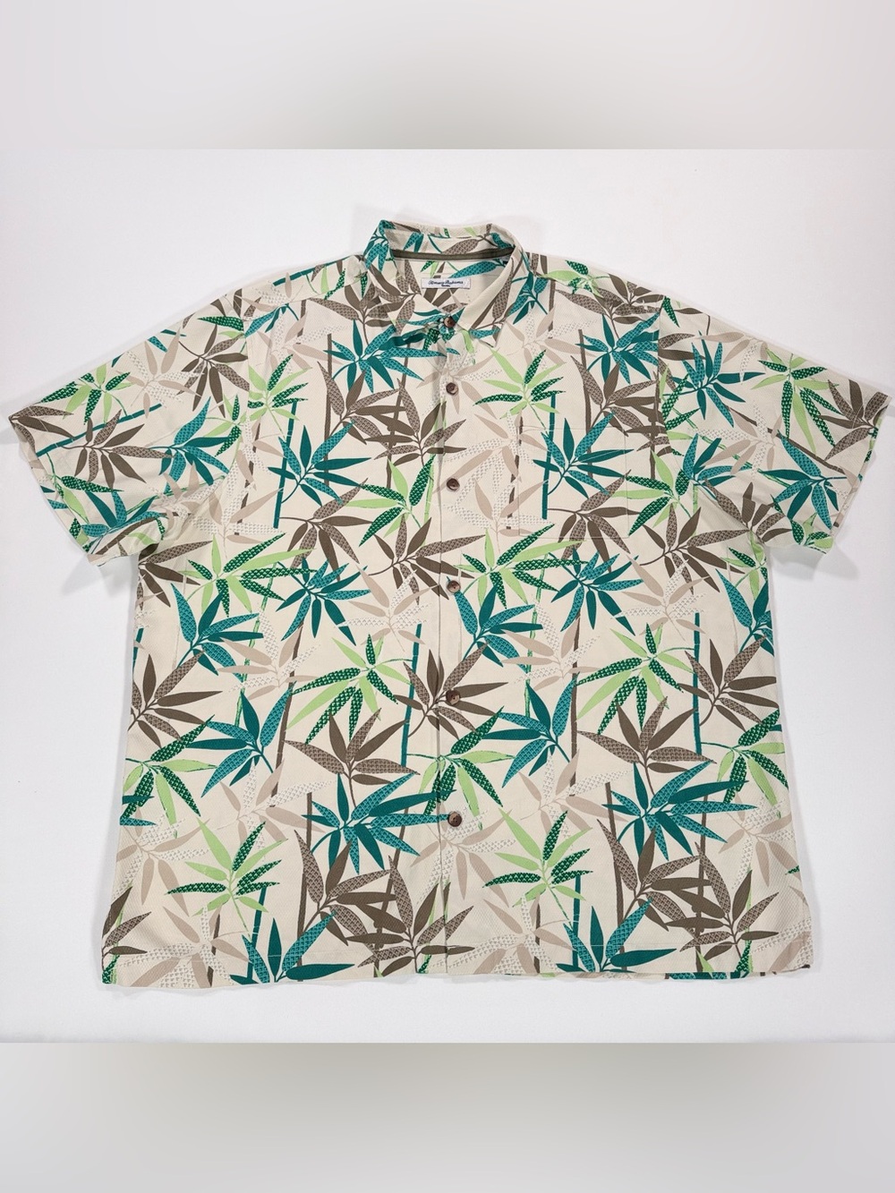 Tommy Bahama Mens 100% Silk Shirt XXL Short Sleeve Bamboo Leaf Tropical Aloha